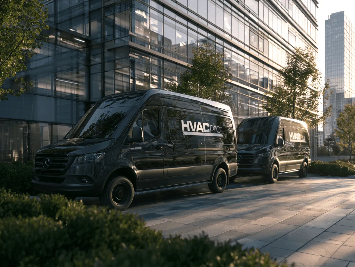 HVAC Pro vans parked in driveway of building