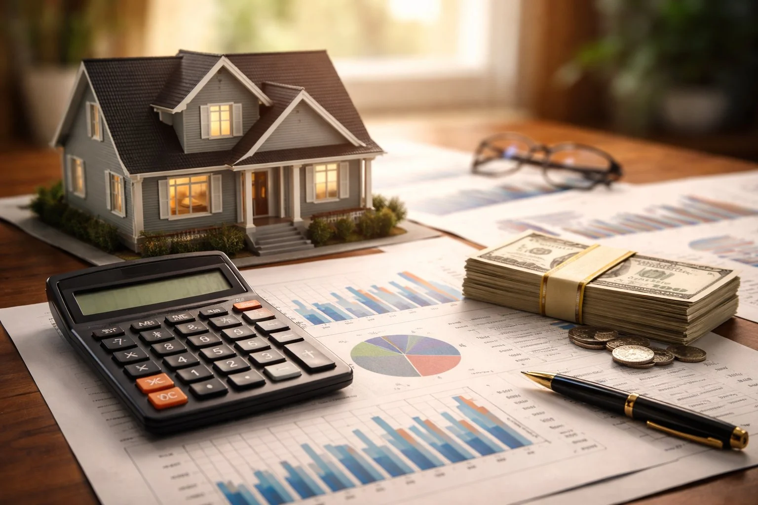 Collage of a house, calculator, financial charts, and a small stack of money on a desk, symbolizing real estate financial planning.