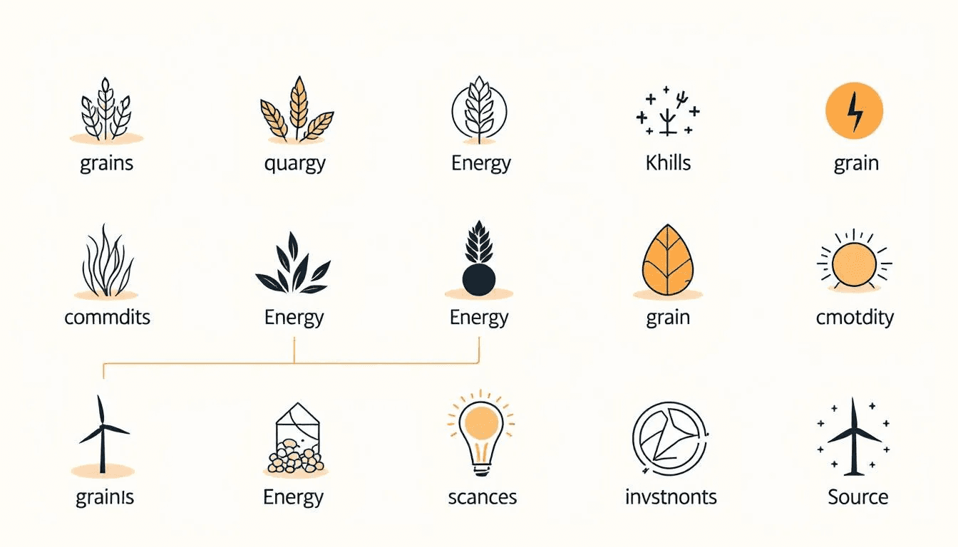 A variety of commodities, including grains and energy sources.