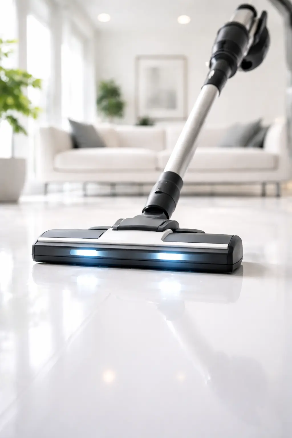 A clean house with an up close shot of a vacuum cleaning a sparkling white floor.
