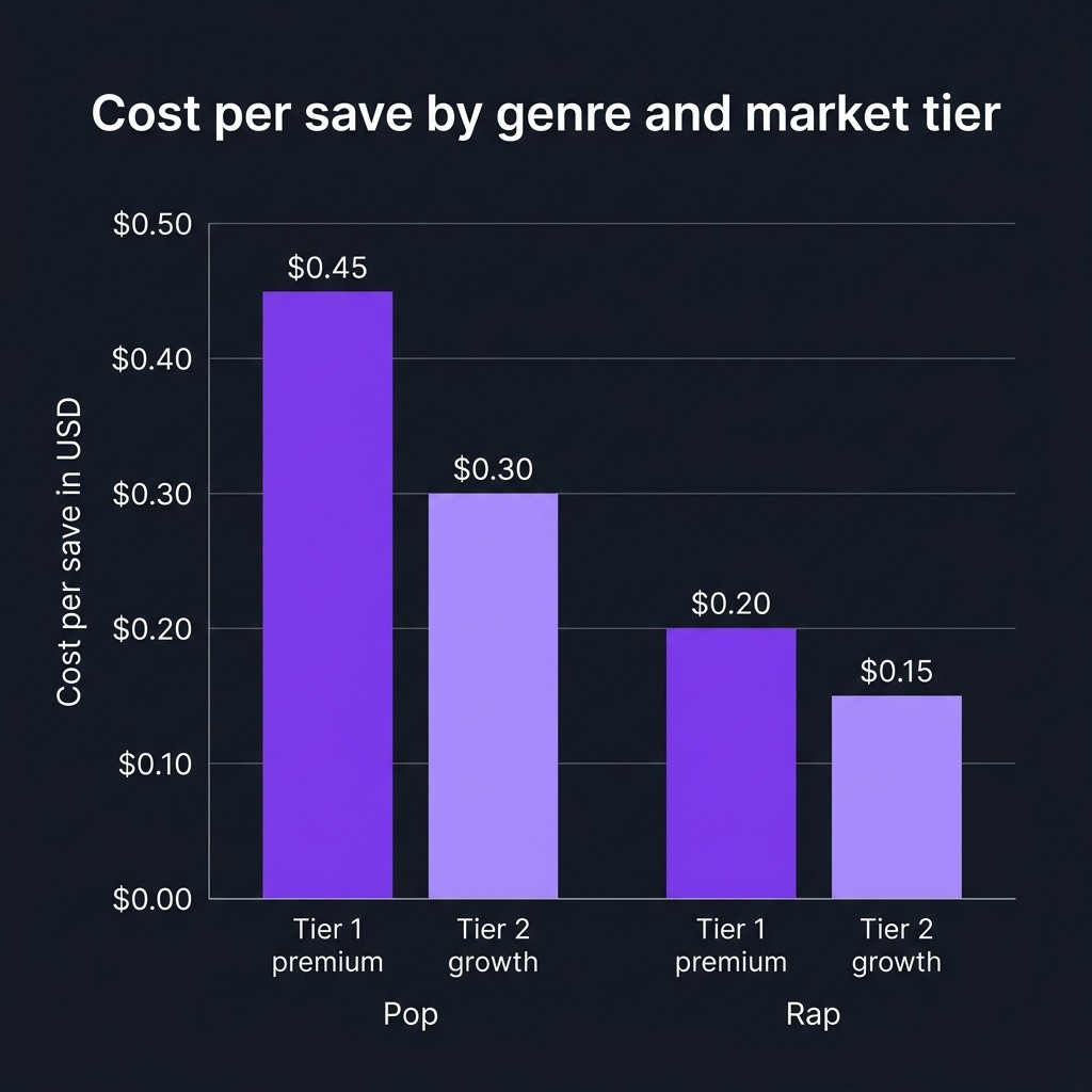 Bar chart of MeansMGMT cost per save by genre and market tier