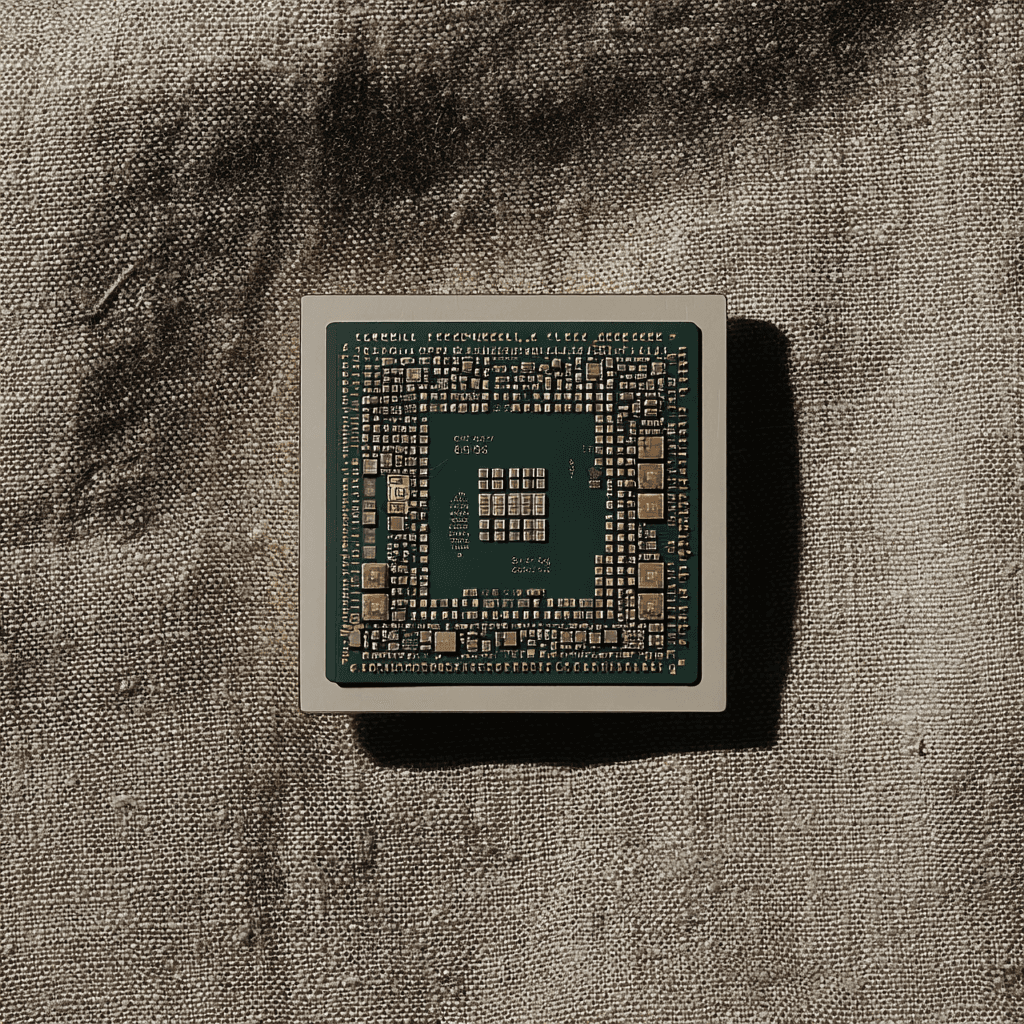 A sophisticated microchip with intricate circuitry in dark green and silver rests on a textured grey linen fabric,.