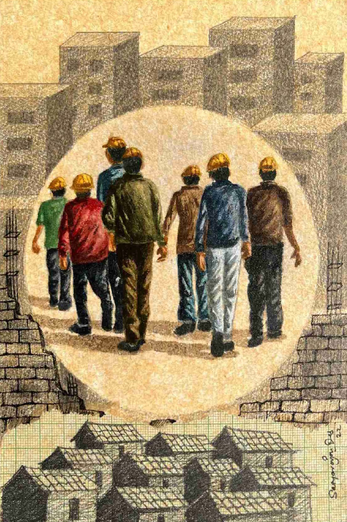 herd of sheep on road painting