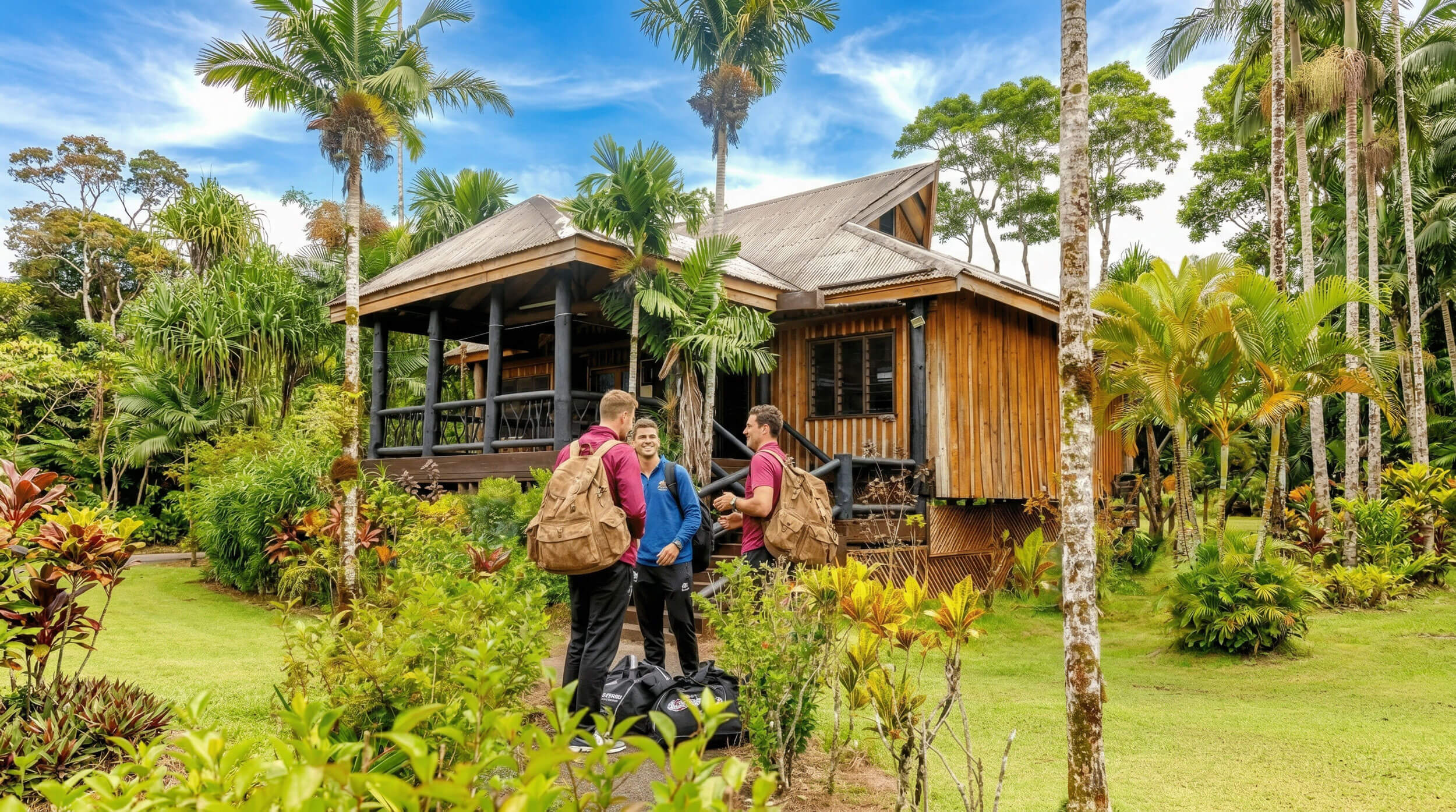 Three men with backpacks arriving at a wooden bure, surrounded by lush Fiji tropical gardens. Uprising Beach Resort.