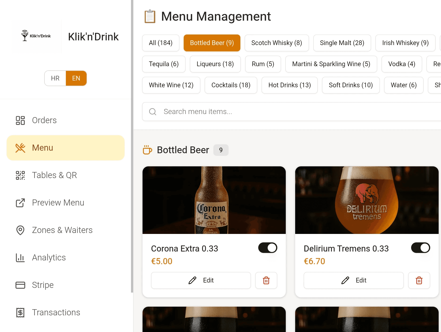 An excerpt from one of the options that app offers, which is the total Menu Management.