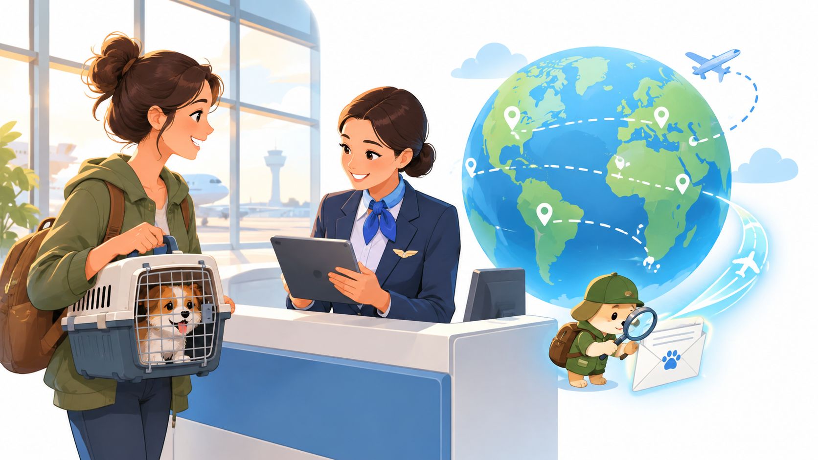 A travel agent assisting a passenger with a dog in a carrier at an airport check-in counter.