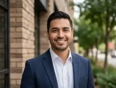 Portrait of a smiling male professional in a suit, standing outdoors with a brick building and trees in the background.