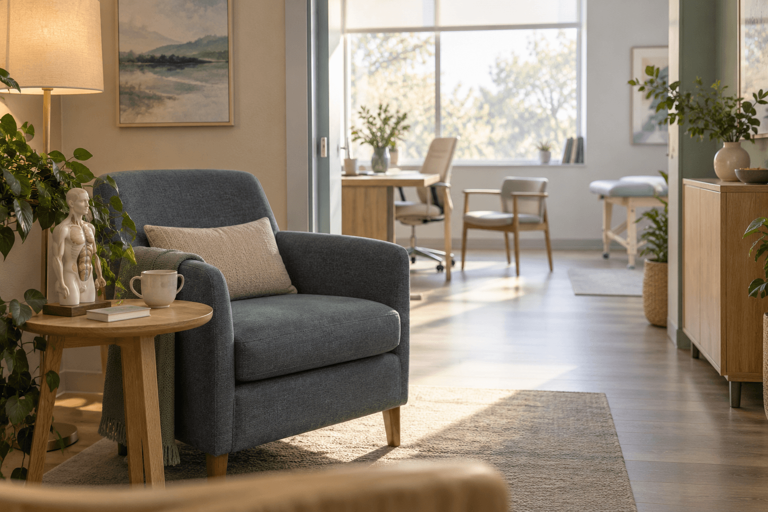 Empty consultation room with a chair, anatomical model, and softly lit pathway between two spaces