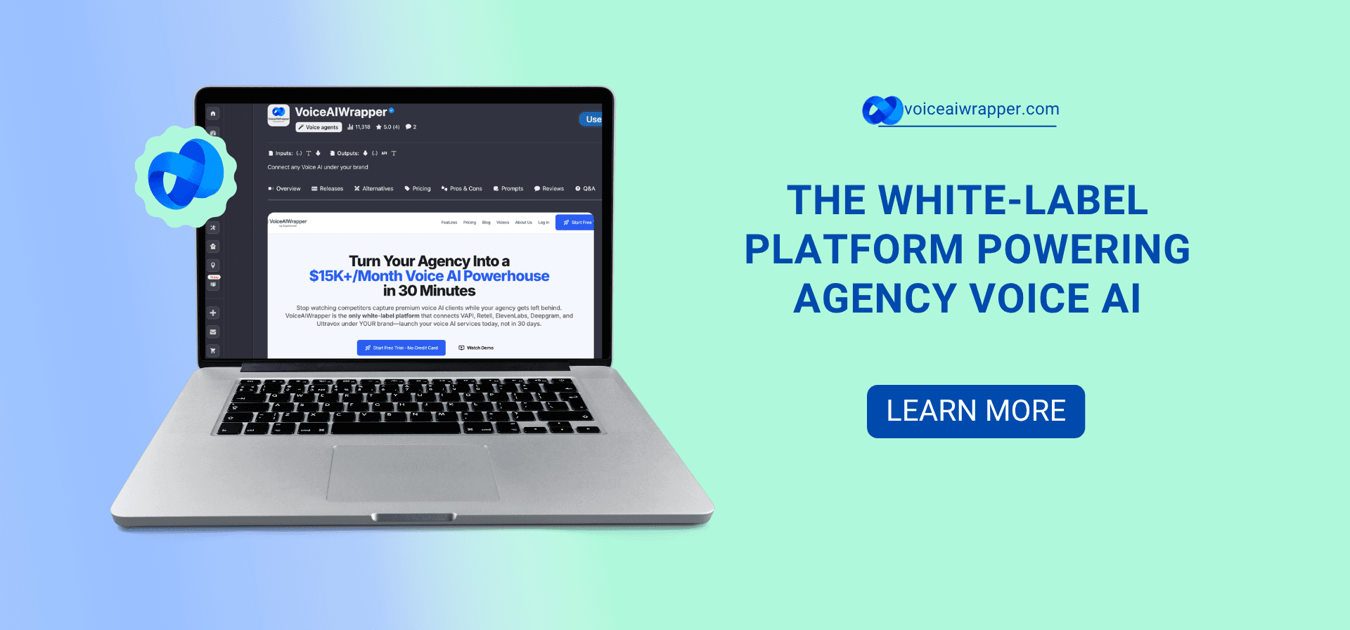 laptop showing VoiceAIWrapper platform and homepage next to the Lessons Learned About Maintaining Quality Control With AI Products heading | VoiceAIWrapper.