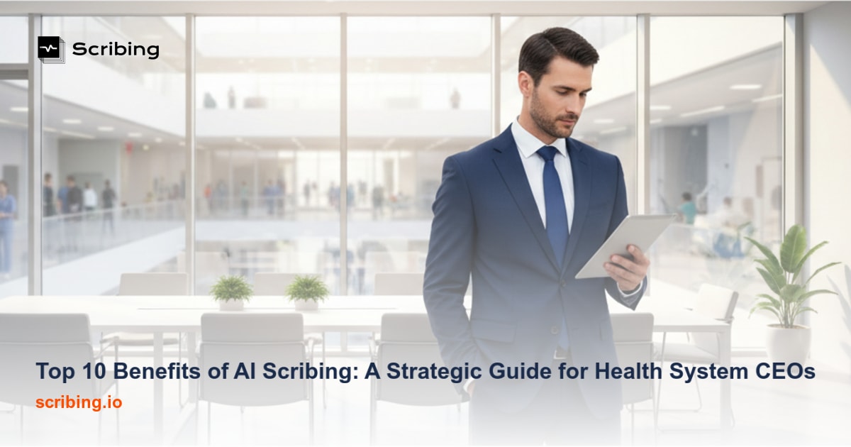 Modern healthcare executive setting illustrating the strategic benefits of AI scribing technology for health systems
