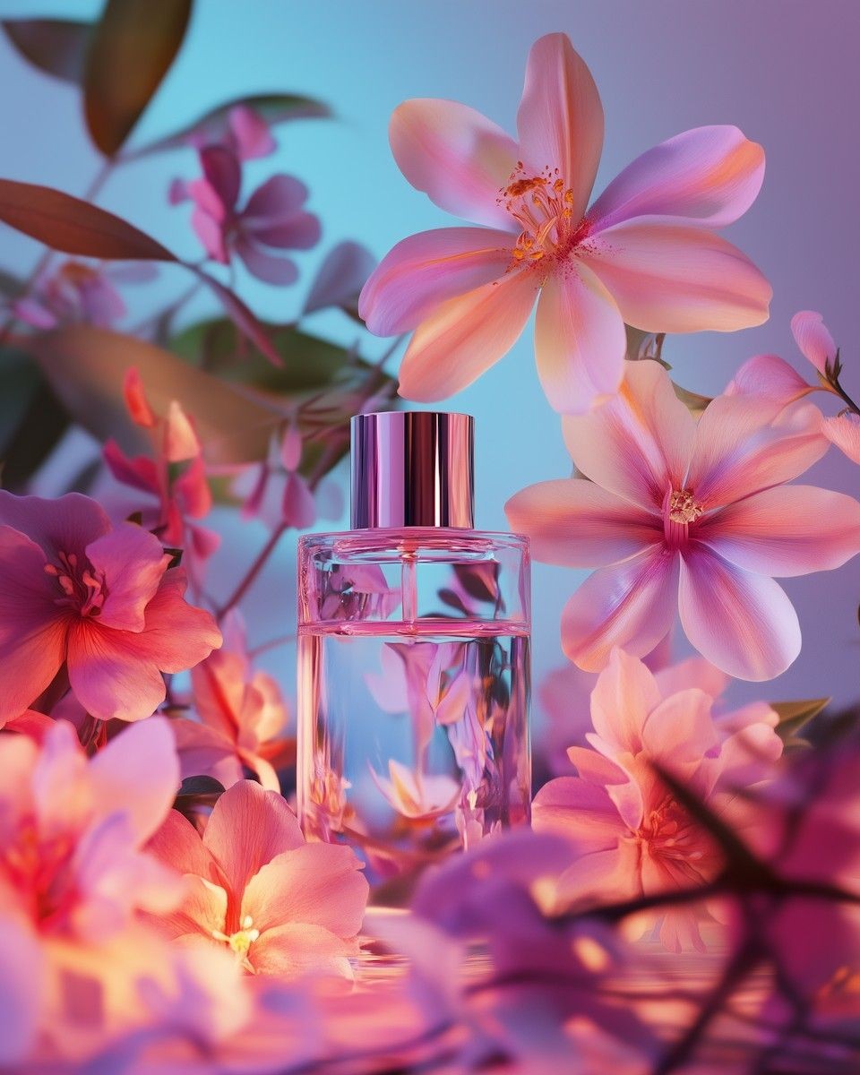A sleek glass perfume bottle, reflecting soft purple and pink hues, is surrounded by vibrant blooming flowers with delicate petals, creating a luxurious and elegant ambiance.