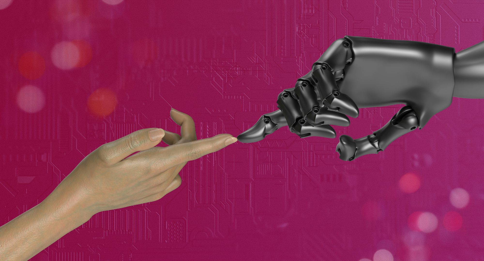 duas mãos, uma humana e outra robótica, tocando as pontas dos dedos como na pintura "A Criação de Adão", fundo rosa