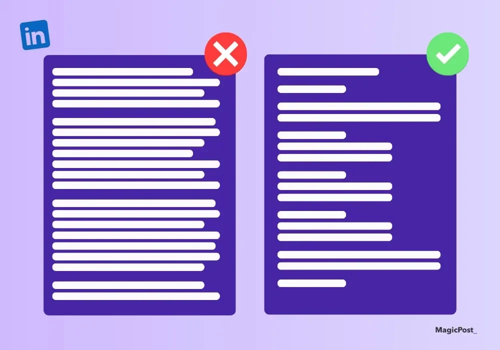 An abstract infographic comparing two LinkedIn post formatting styles. One is less effective and cluttered, the other is readable.