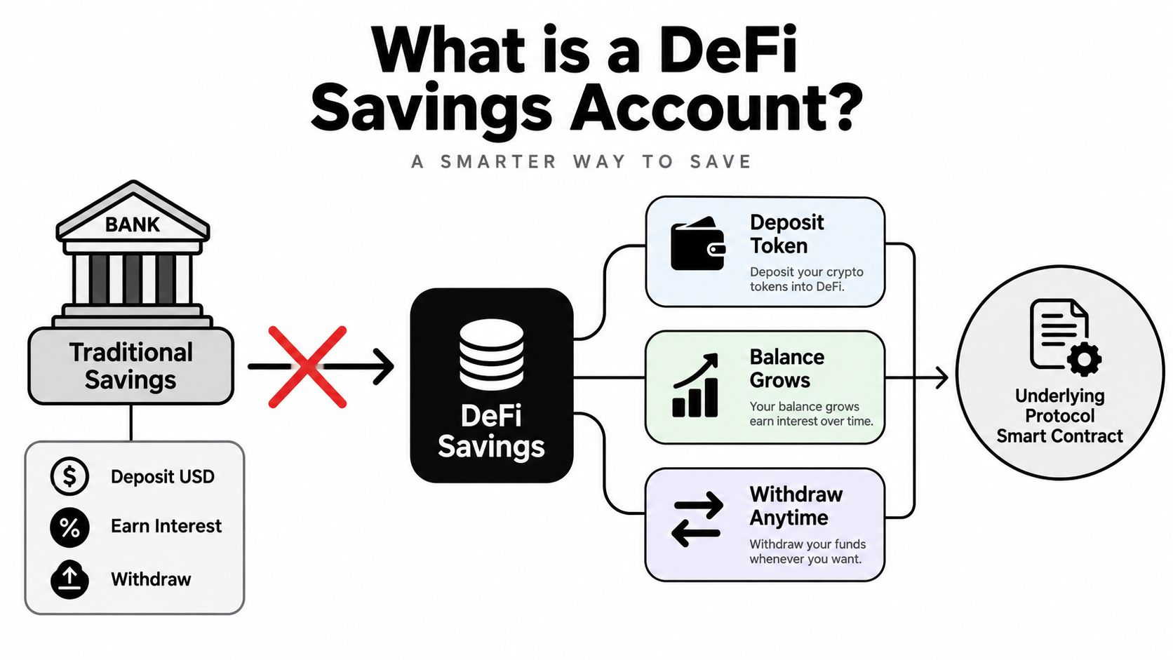 A diagram contrasting traditional bank savings accounts with DeFi savings accounts via smart contracts.