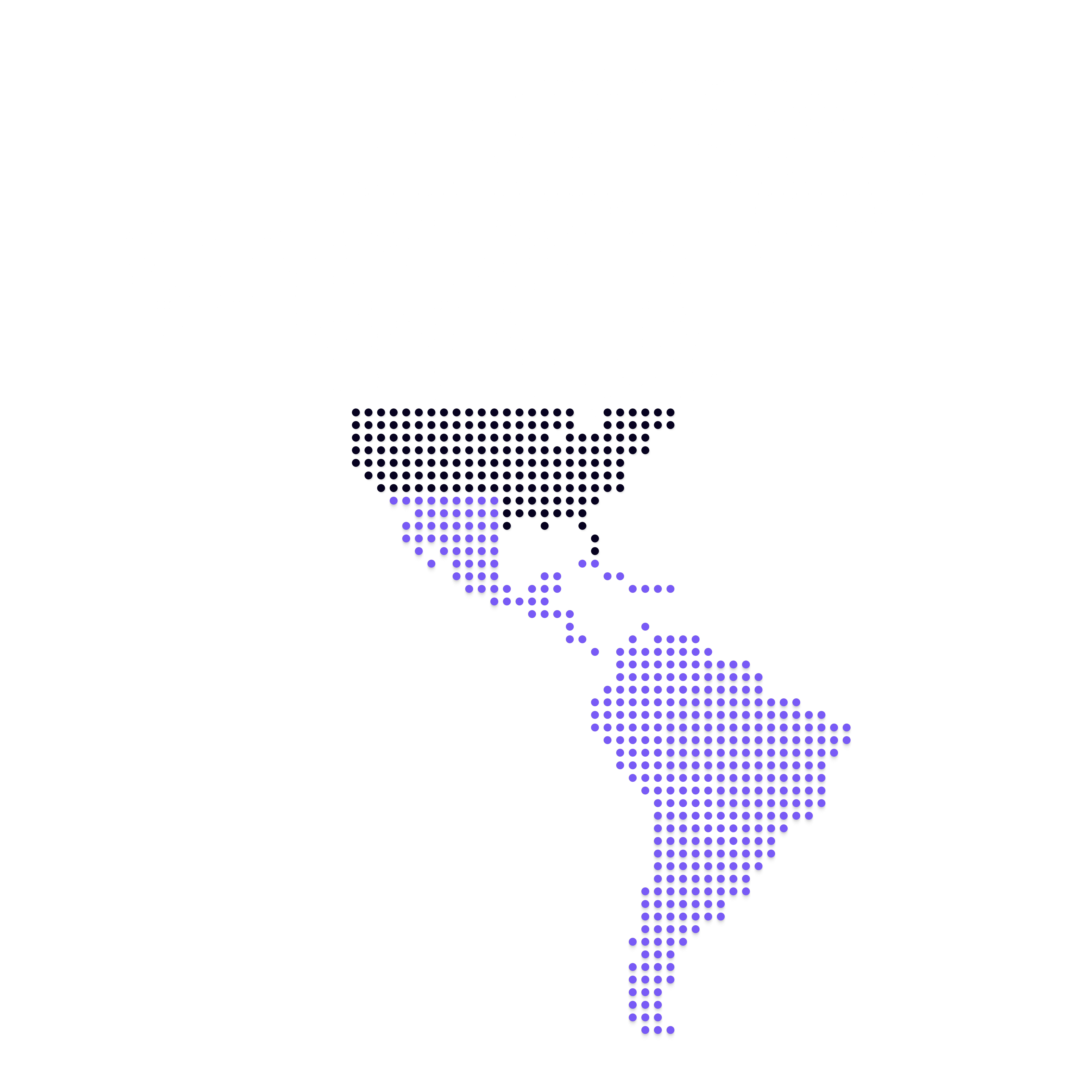 Map of the Americas, with North America in white and parts of Central and South America highlighted in purple.