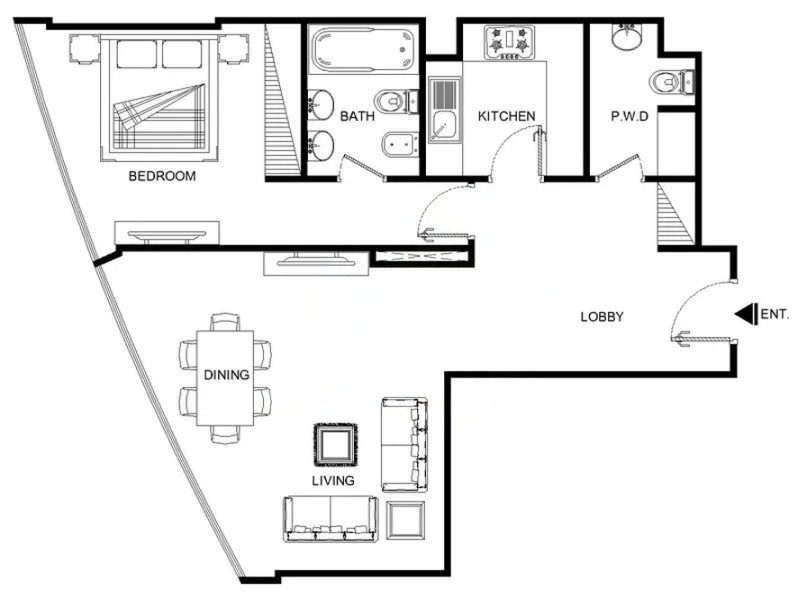 One-bedroom floor plan in Sky Tower, featuring a spacious living area and dining space for modern urban living.