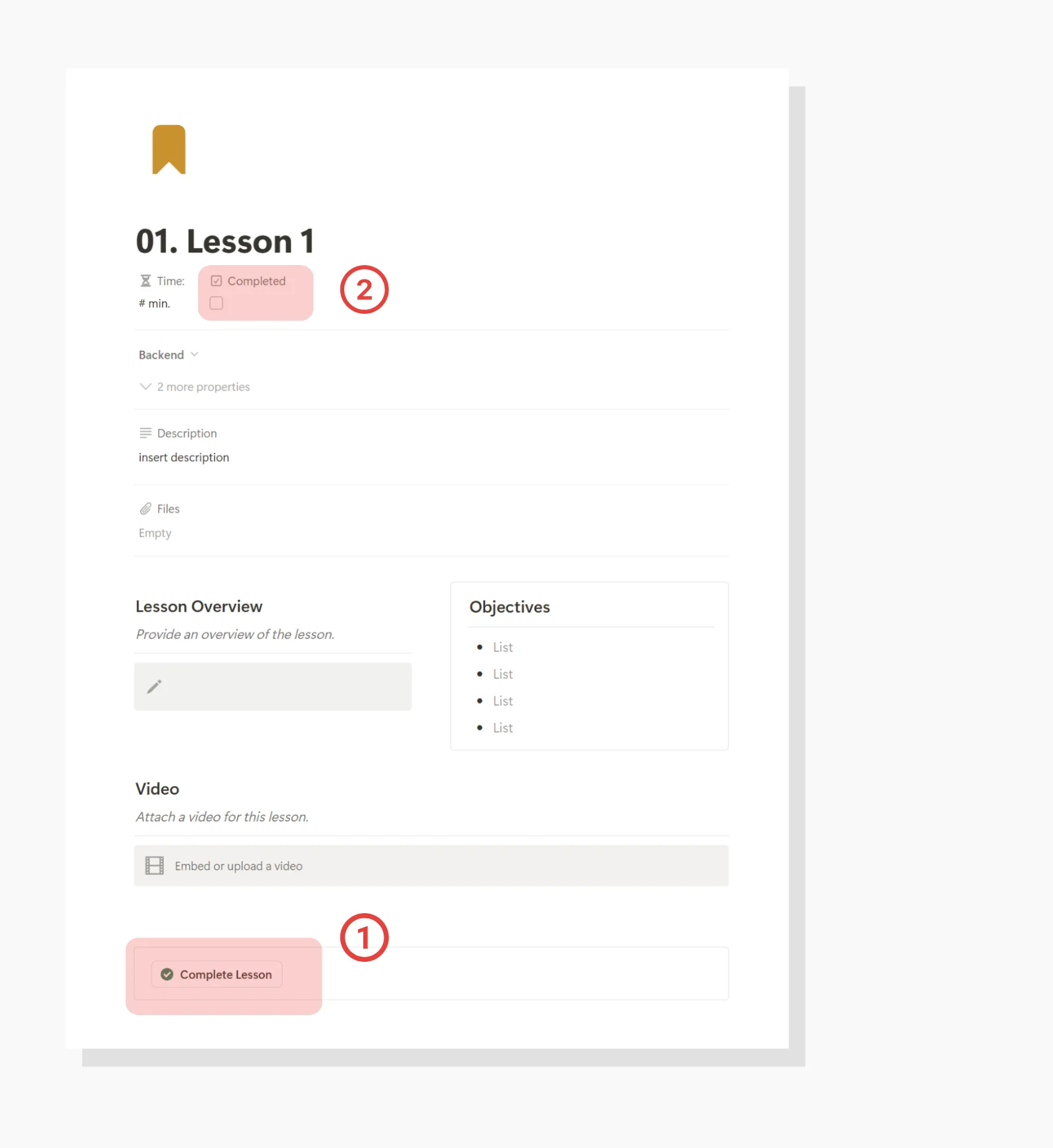 how to complete lesson checkbox Course Creator Notion Template