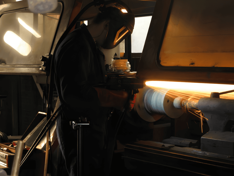 Close-up of advanced aerospace-grade metallic component with industrial lighting.