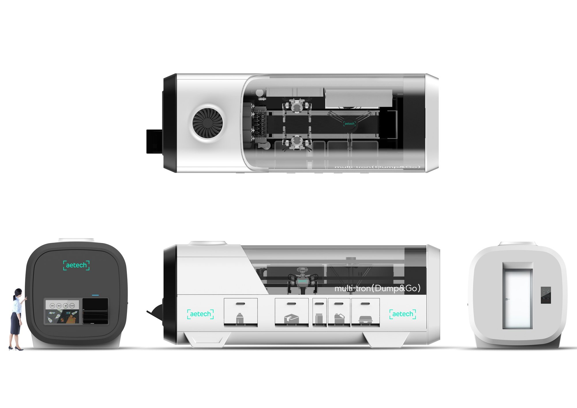 Three-view drawing of Multi-tron: front (infeed and UI), side (output bins by material) and top