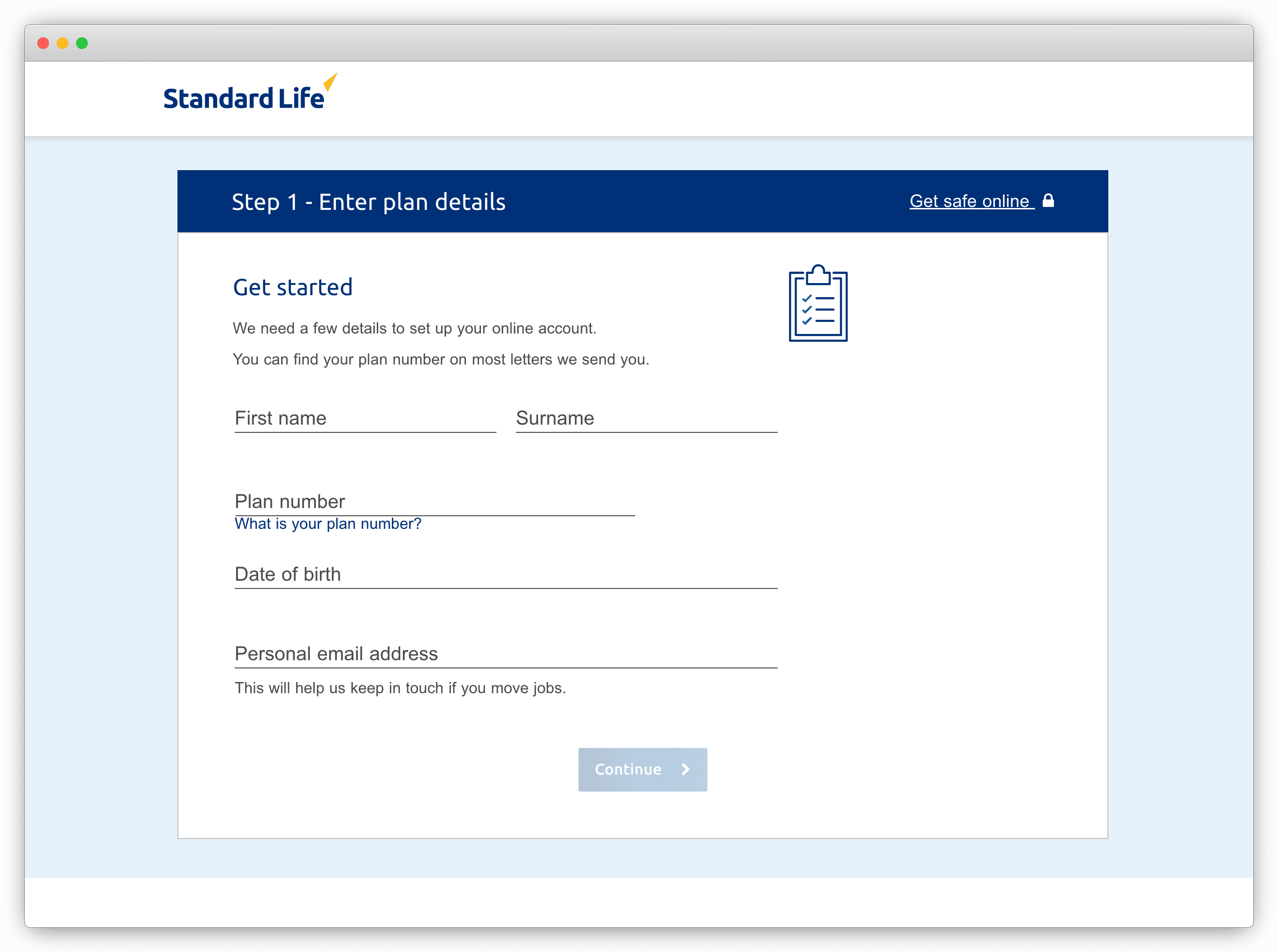 Standard Life online servicing page with register and personal login options