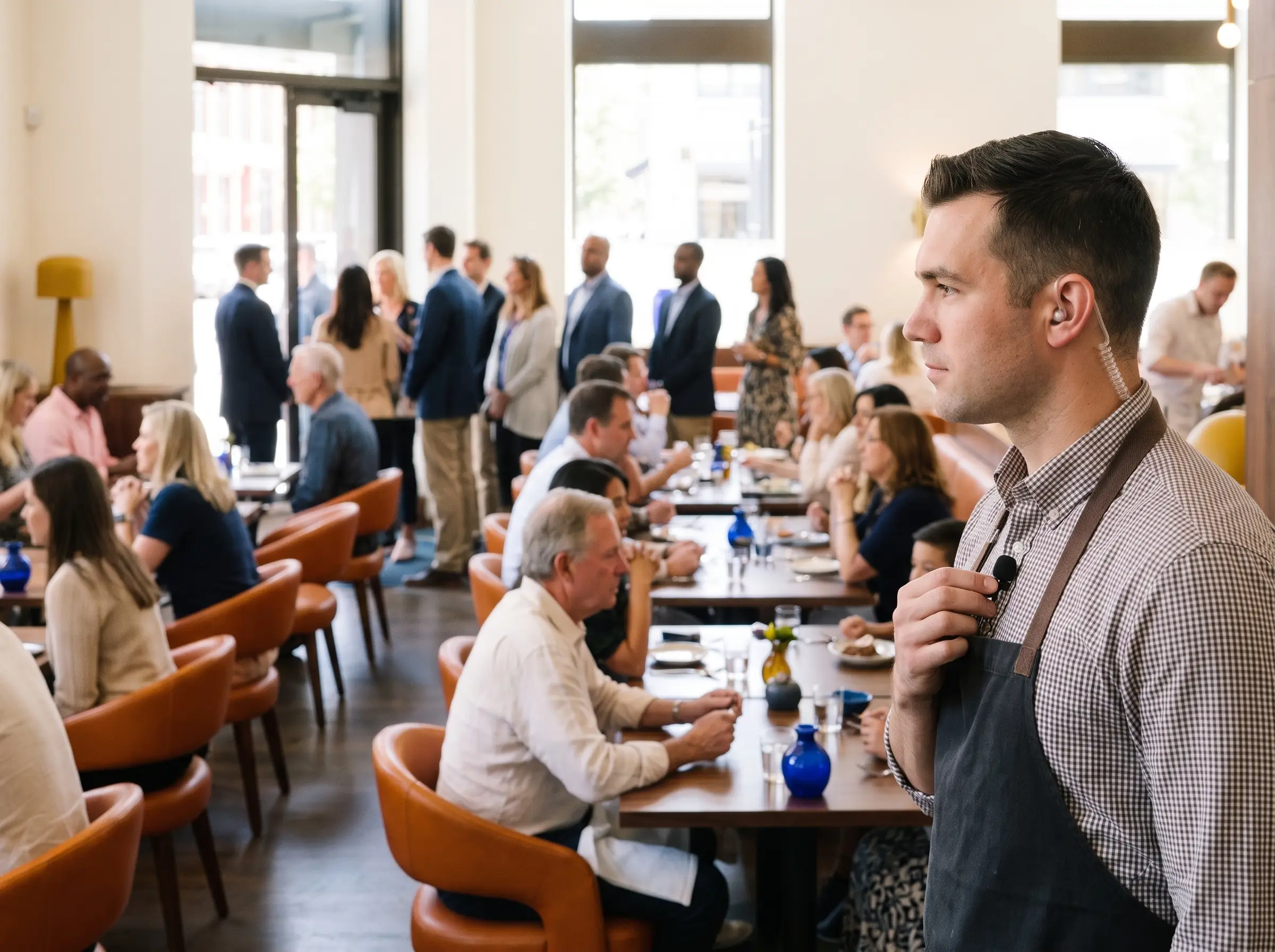 A server takes an order from guests in a bright restaurant