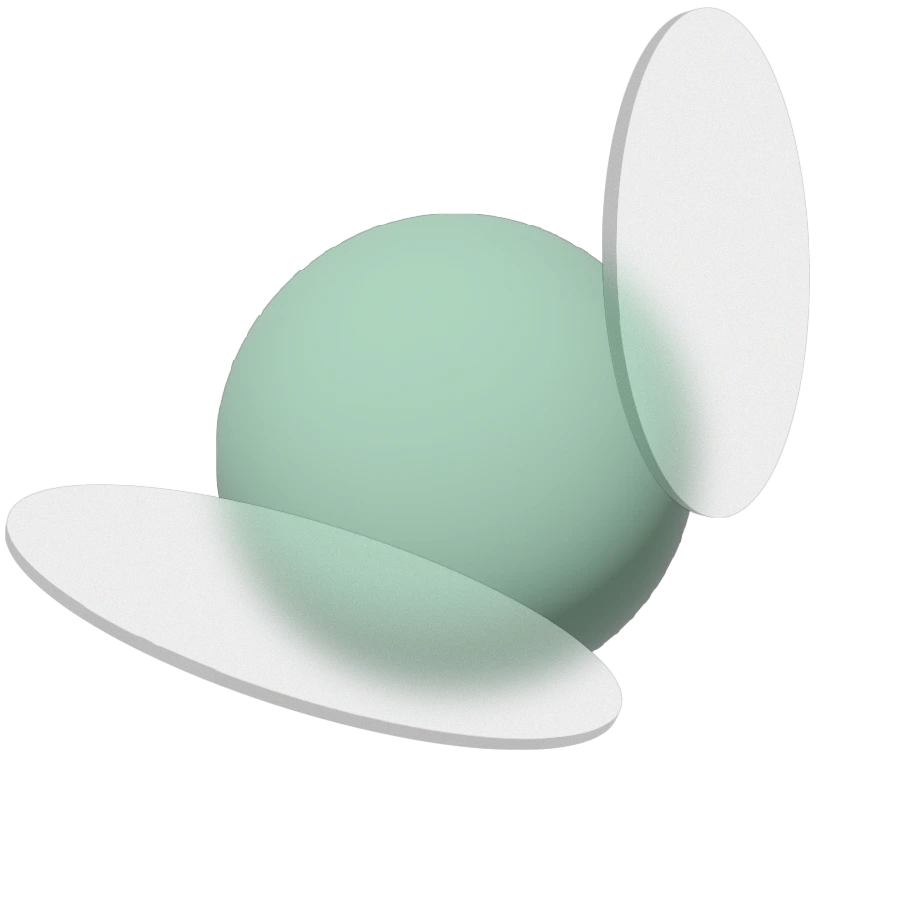 Uma esfera 3D verde-claro opaca com dois discos de vidro fosco cinza atravessando sua superfície em ângulos diferentes, contra um fundo preto.