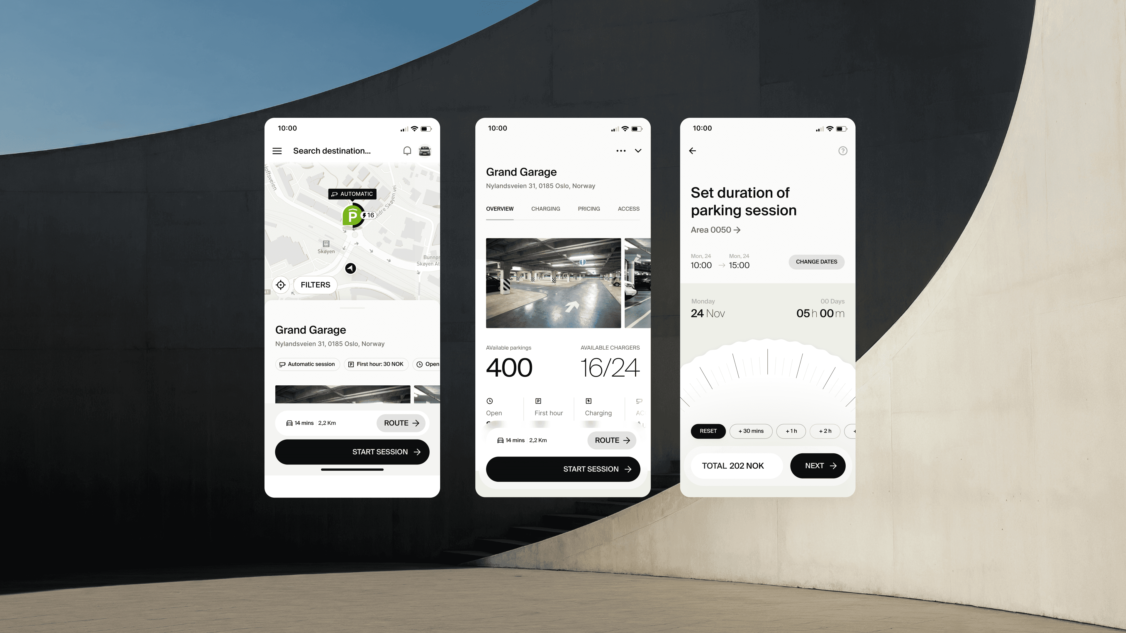 A trio of APCOA Flow app screens showing a map view, parking profile, and duration timer.