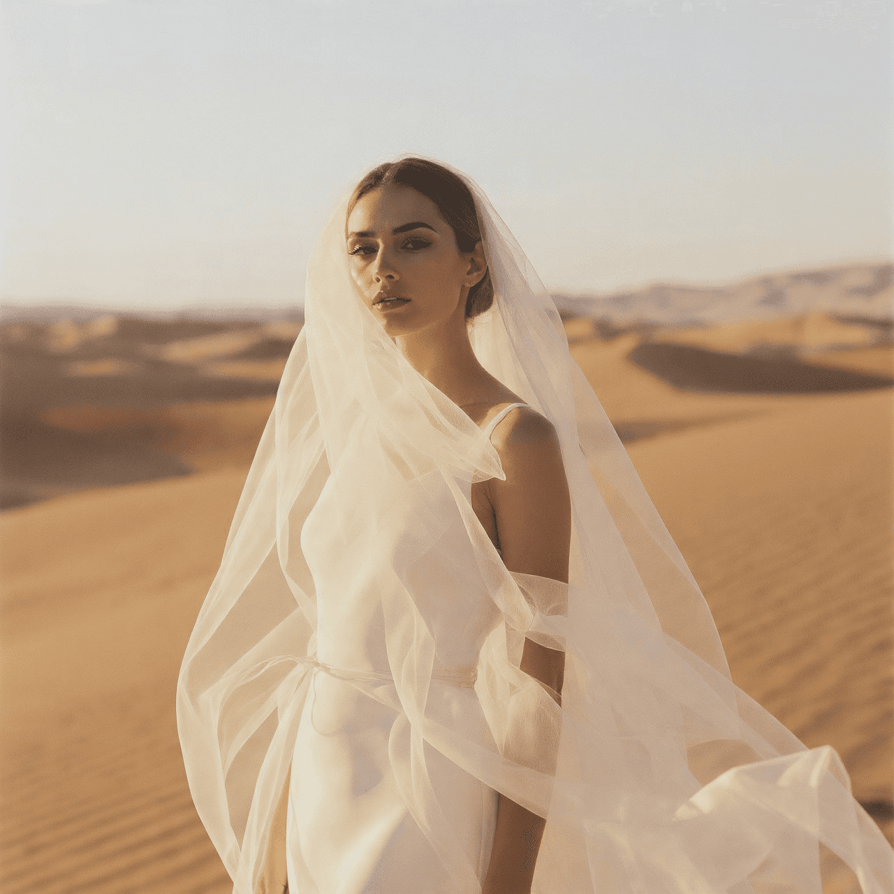A woman in a white dress and veil posing in a vast desert landscape.