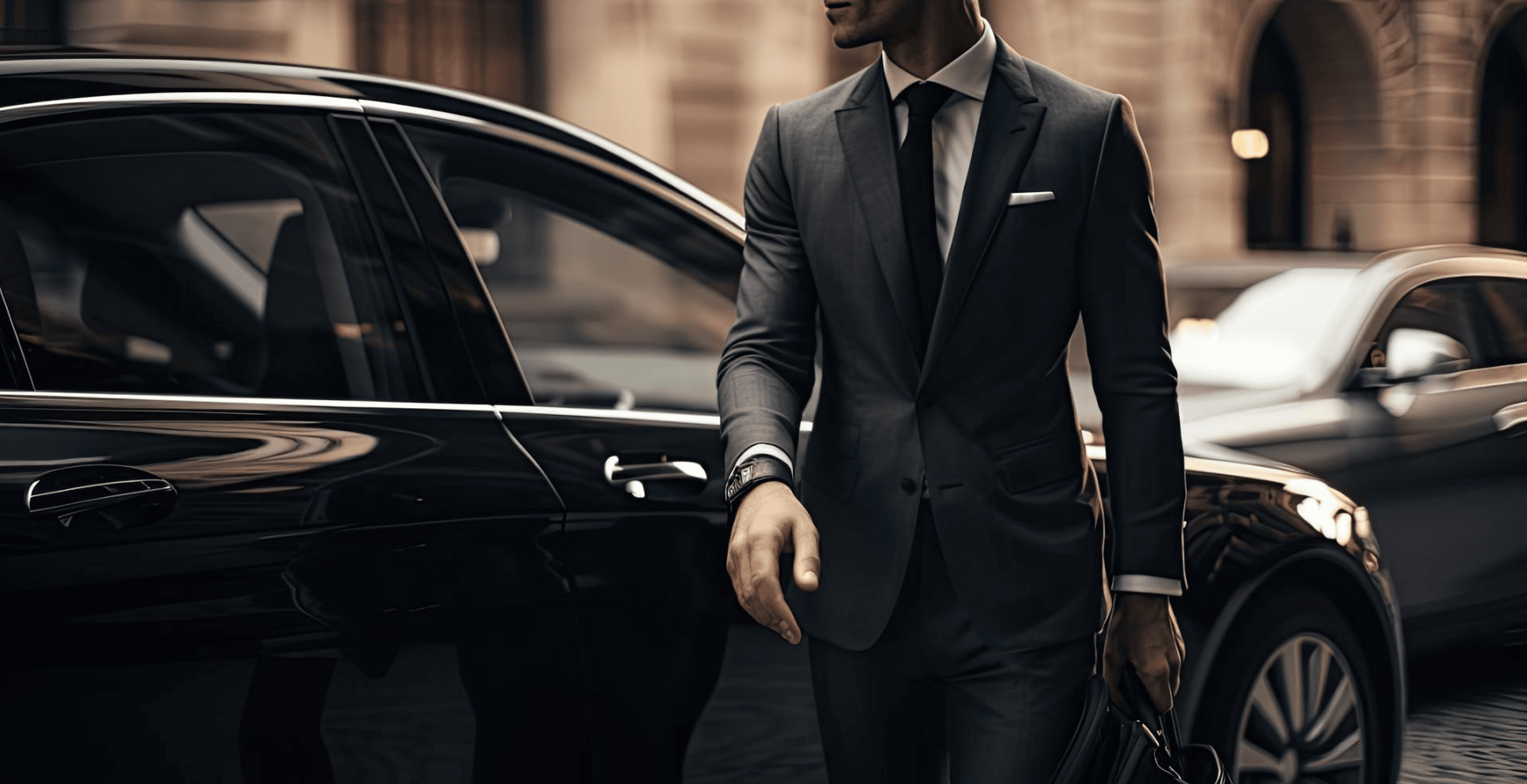 Man in a tailored suit approaching a luxury car, embodying elegance and professionalism, aligned with States Car Service's commitment to providing exceptional chauffeur experiences.