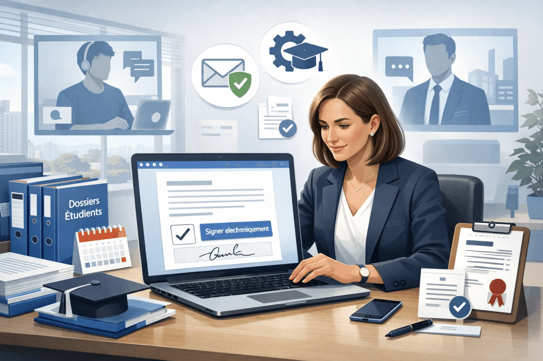 Illustration d’une responsable administrative utilisant la signature électronique Linkpick pour gérer et sécuriser les contrats d’une école ou d’un CFA en 2026, dans un environnement numérique moderne et conforme.