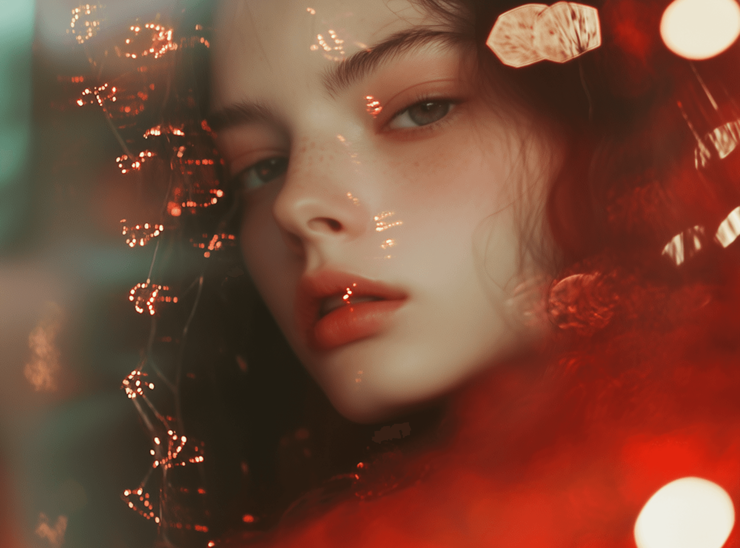 A woman with striking red hair surrounded by glowing red lights, creating a warm ambiance.