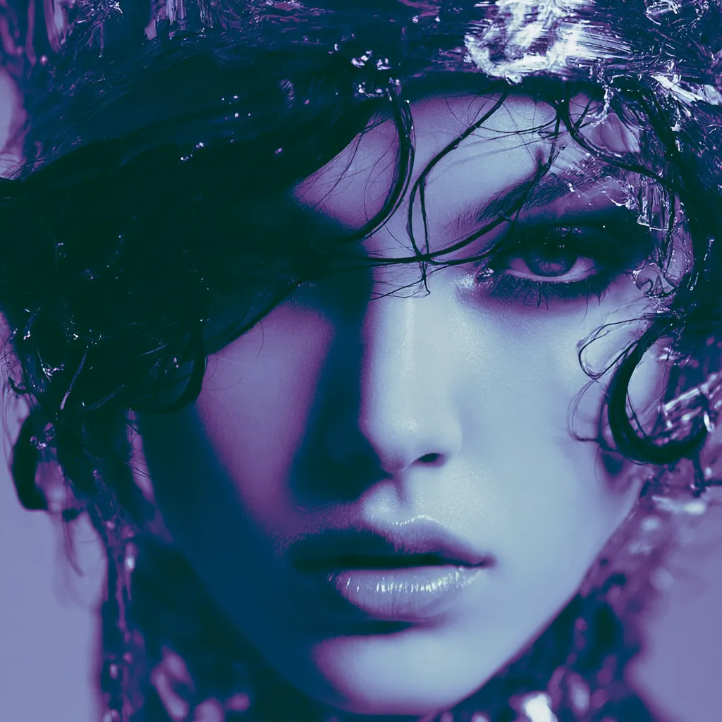 Ritratto digitale Smateriae per VOID, volto femminile ravvicinato in viola e nero con luce fredda, capelli scuri e atmosfera editoriale intensa.