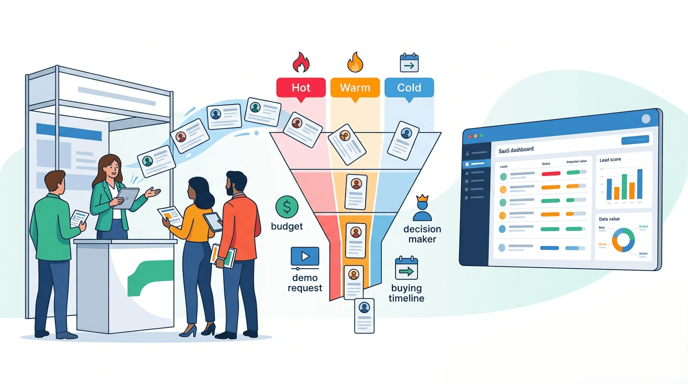 Habsy dashboard displaying trade show leads categorized by intent signals, helping sales teams prioritize high-value prospects for faster post-event follow-up.