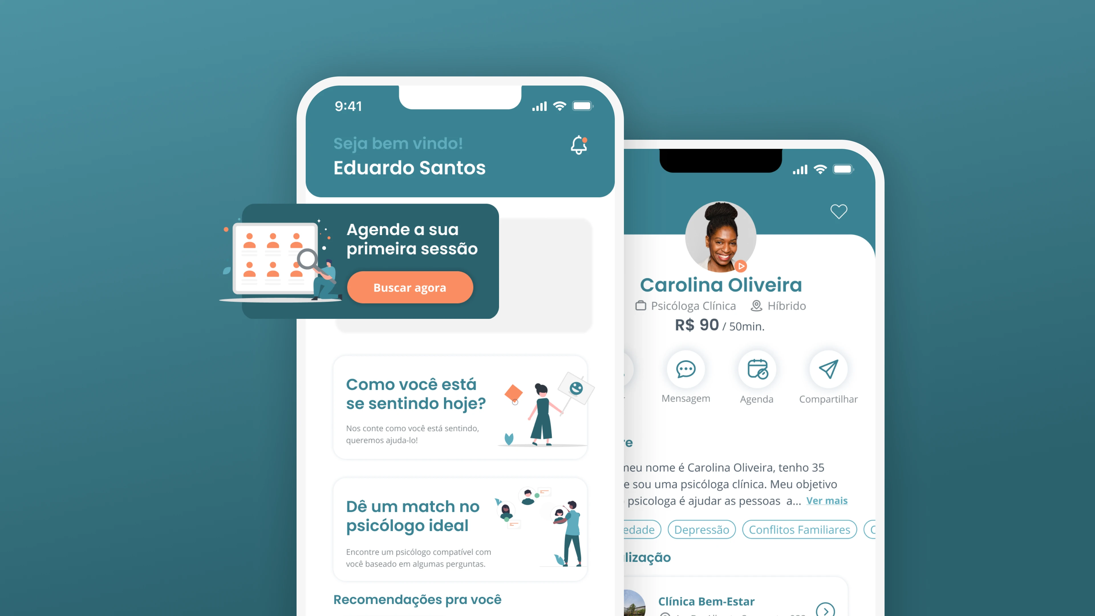App home screen welcoming "Eduardo Santos," with a button to book the first session and personalized psychologist recommendations.