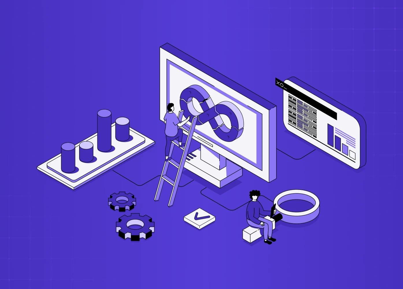 Illustration of product optimization with charts, tools, and users improving system performance.