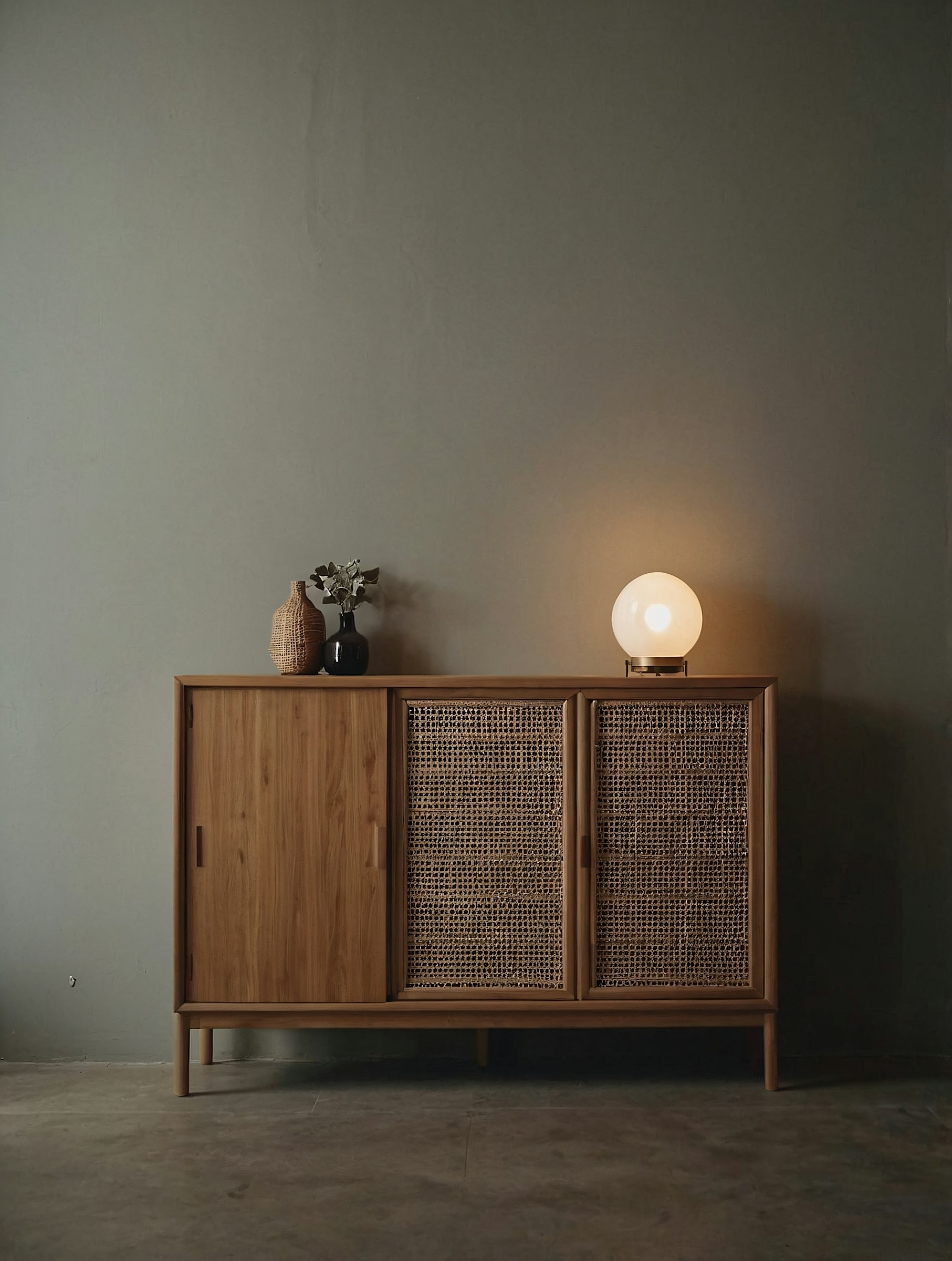 Dulap bufet mid-century modern din lemn, cu uși din ratan, lampă de masă și vaze.