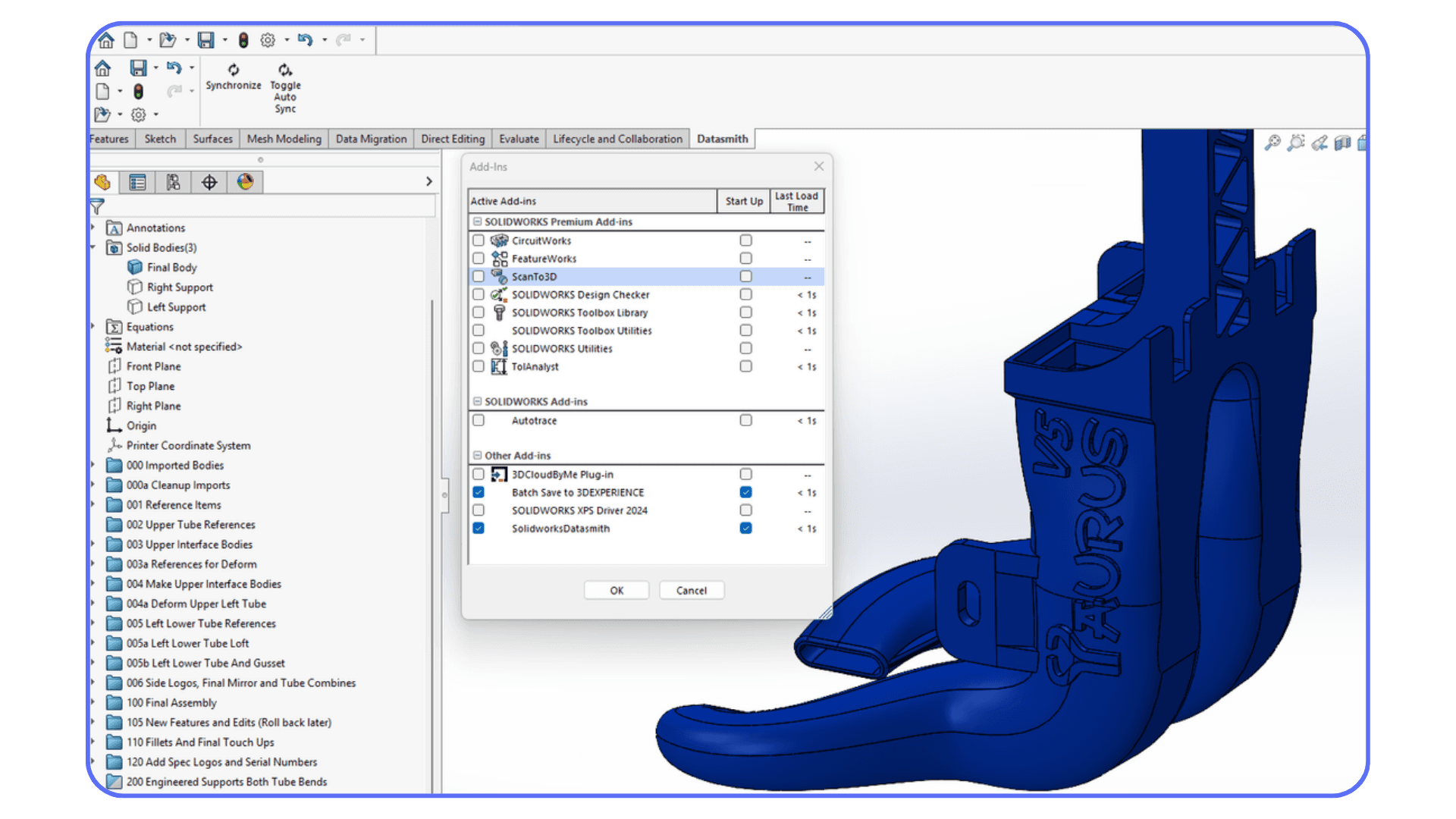 SolidWorks software with the Add-Ins manager open, showing Datasmith and other plug-ins alongside a blue 3D mechanical part.