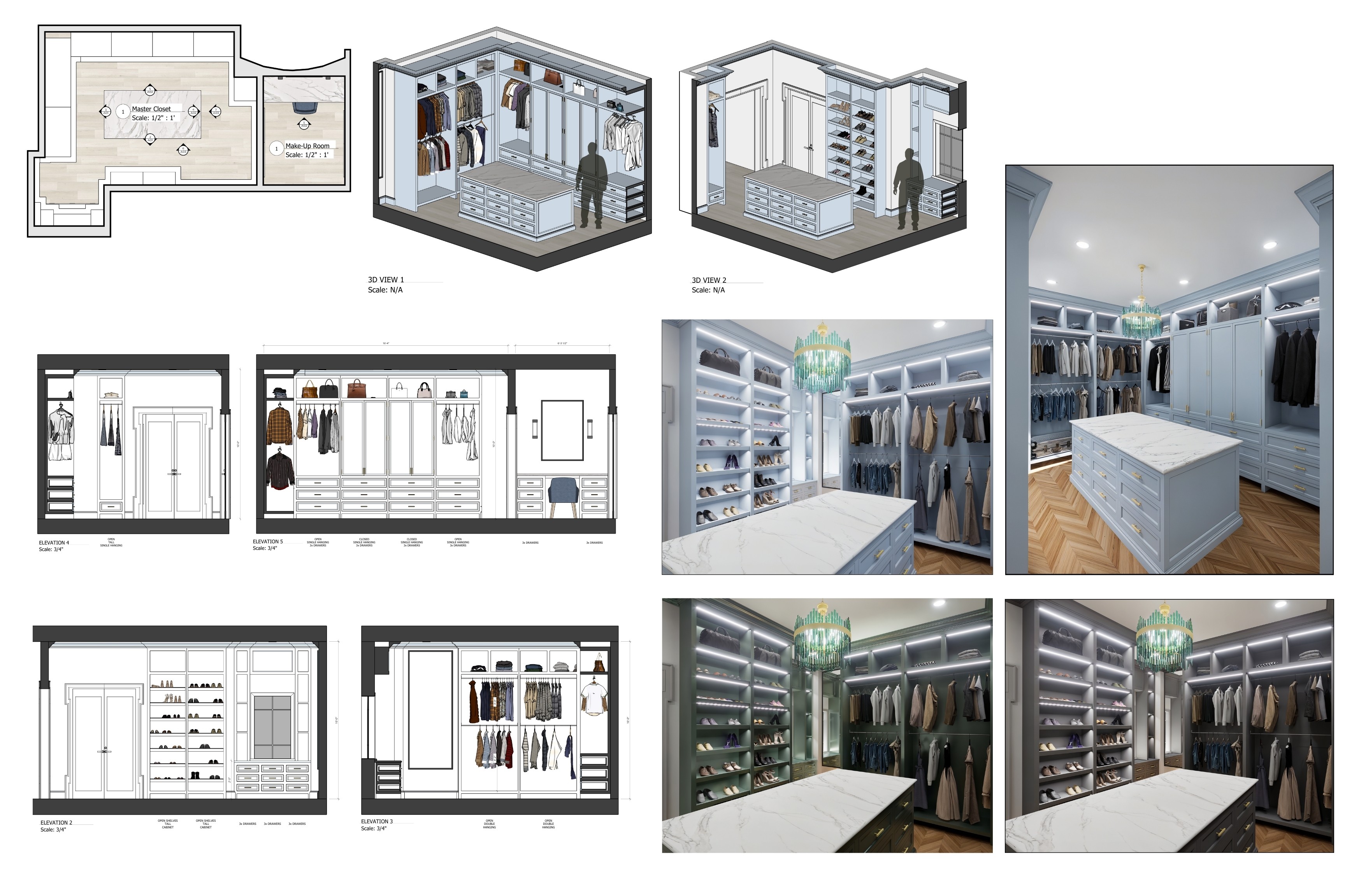 Closet project with elevations, floor plans, and renders