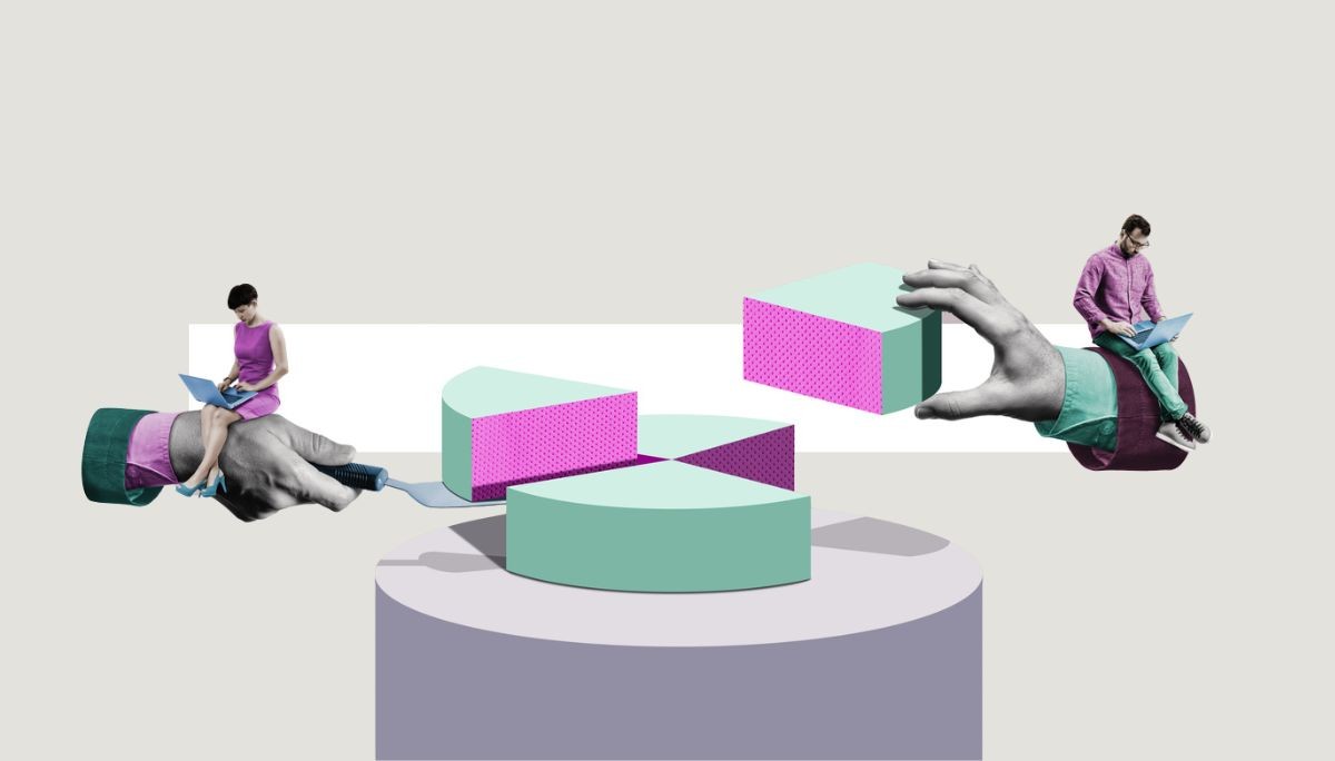 Surreal collage of hands with laptops interacting with pie chart, symbolizing operations research and financial engineering careers.