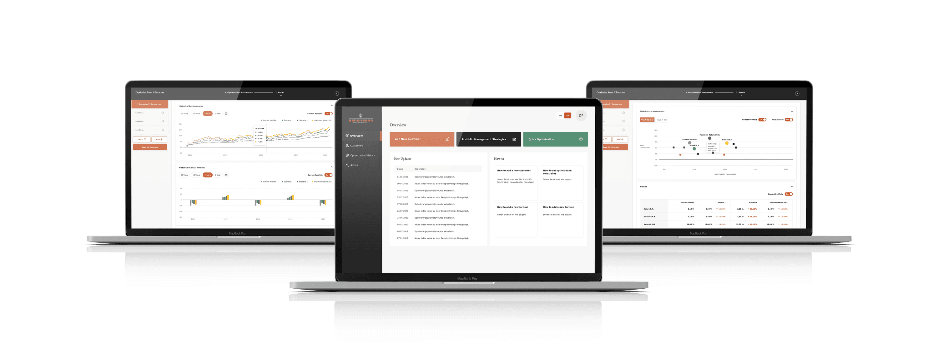 Overview of SaaS software developed for Berenberg, displayed on multiple laptop screens showcasing analytics, dashboards, and user-friendly interfaces.