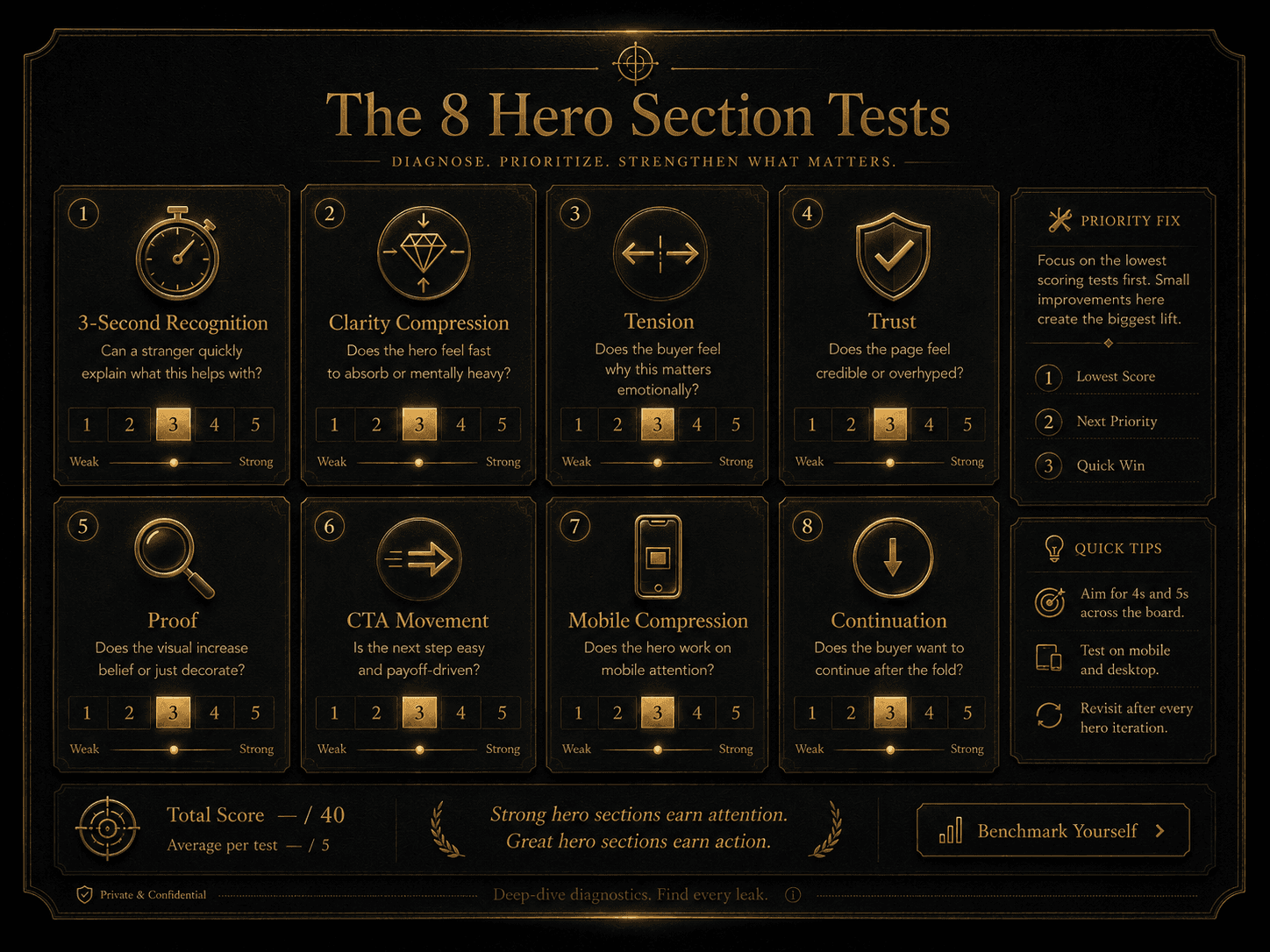 “The 8 Hero Section Tests” Concept: A minimalist, eight-panel grid or diagnostic dashboard. Each panel represents one test with an icon, core question, and score gauge:  Panel 1 (3-Second Recognition): Icon: stopwatch — “Can a stranger quickly explain what this helps with?” — Gauge 1–5  Panel 2 (Clarity Compression): Icon: compressed diamond — “Does the hero feel fast to absorb or mentally heavy?” — Gauge 1–5  Panel 3 (Tension): Icon: tension arrow/pull — “Does the buyer feel why this matters emotionally?” — Gauge 1–5  Panel 4 (Trust): Icon: shield with check — “Does the page feel credible or overhyped?” — Gauge 1–5  Panel 5 (Proof): Icon: magnifying glass over evidence — “Does the visual increase belief or just decorate?” — Gauge 1–5  Panel 6 (CTA Movement): Icon: arrow moving forward — “Is the next step easy and payoff-driven?” — Gauge 1–5  Panel 7 (Mobile Compression): Icon: smartphone with clean layout — “Does the hero work on mobile attention?” — Gauge 1–5  Panel 8 (Continuation): Icon: downward scroll arrow — “Does the buyer want to continue after the fold?” — Gauge 1–5  Style: Glass-morphism, dark background. Each panel is a translucent card with gold foil text. Subtle accent glow on hover. The layout feels like a high-end diagnostic dashboard.  Interaction: Hovering any panel expands a detailed explanation of that test, including weak/strong signals and examples. Adjusting any gauge updates a master scorecard. Clicking the panel pins it to a “Priority Fix” sidebar.