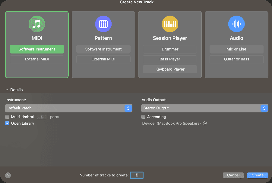Logic Pro Create New Track dialog with the MIDI card selected and Software Instrument highlighted in green. Numbered marker 1 matches step 1.