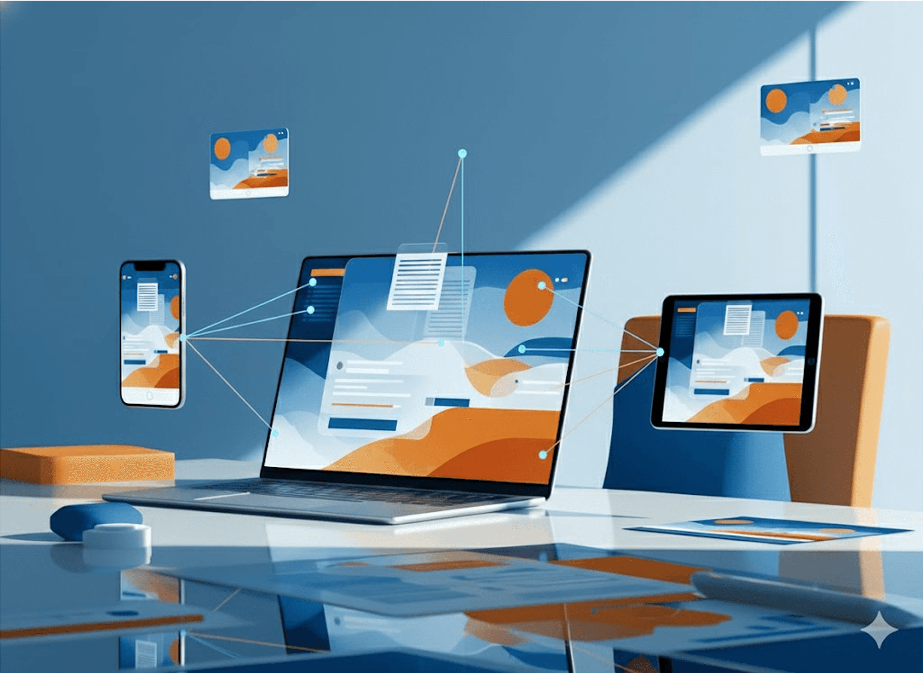 A laptop and mobile devices displaying connected apps, illustrating seamless cross-platform development.