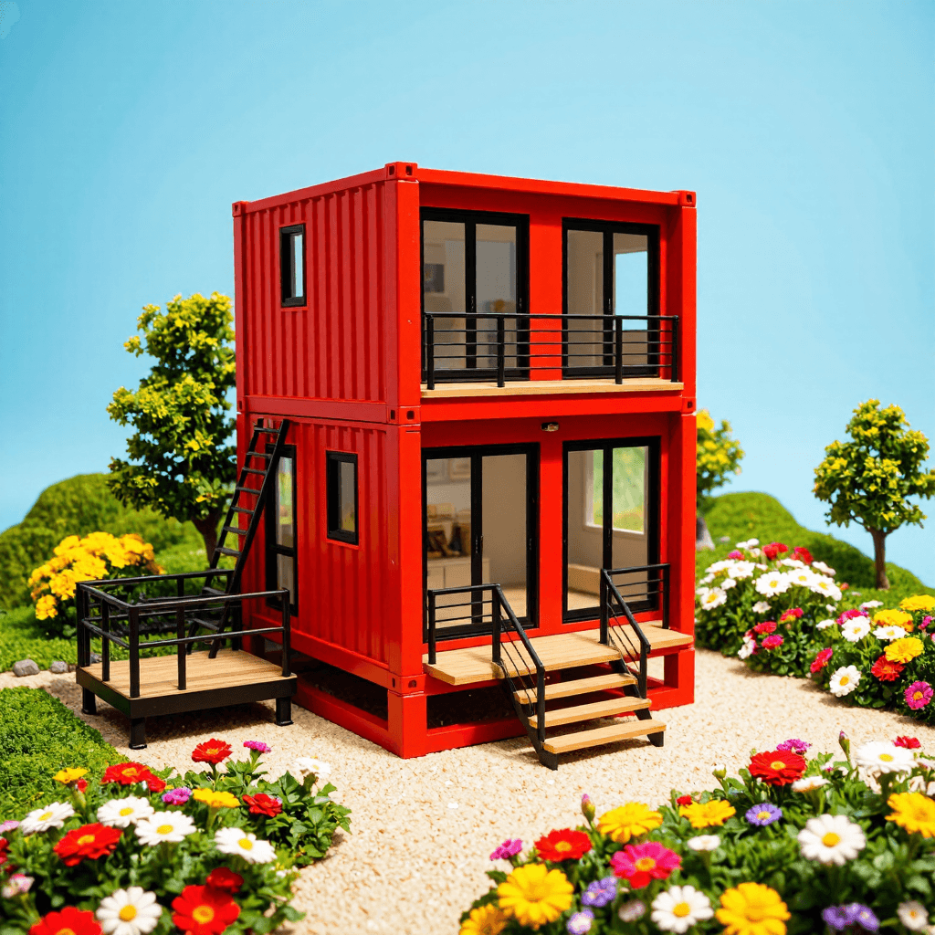 product photography of a model of a two-story shipping container house