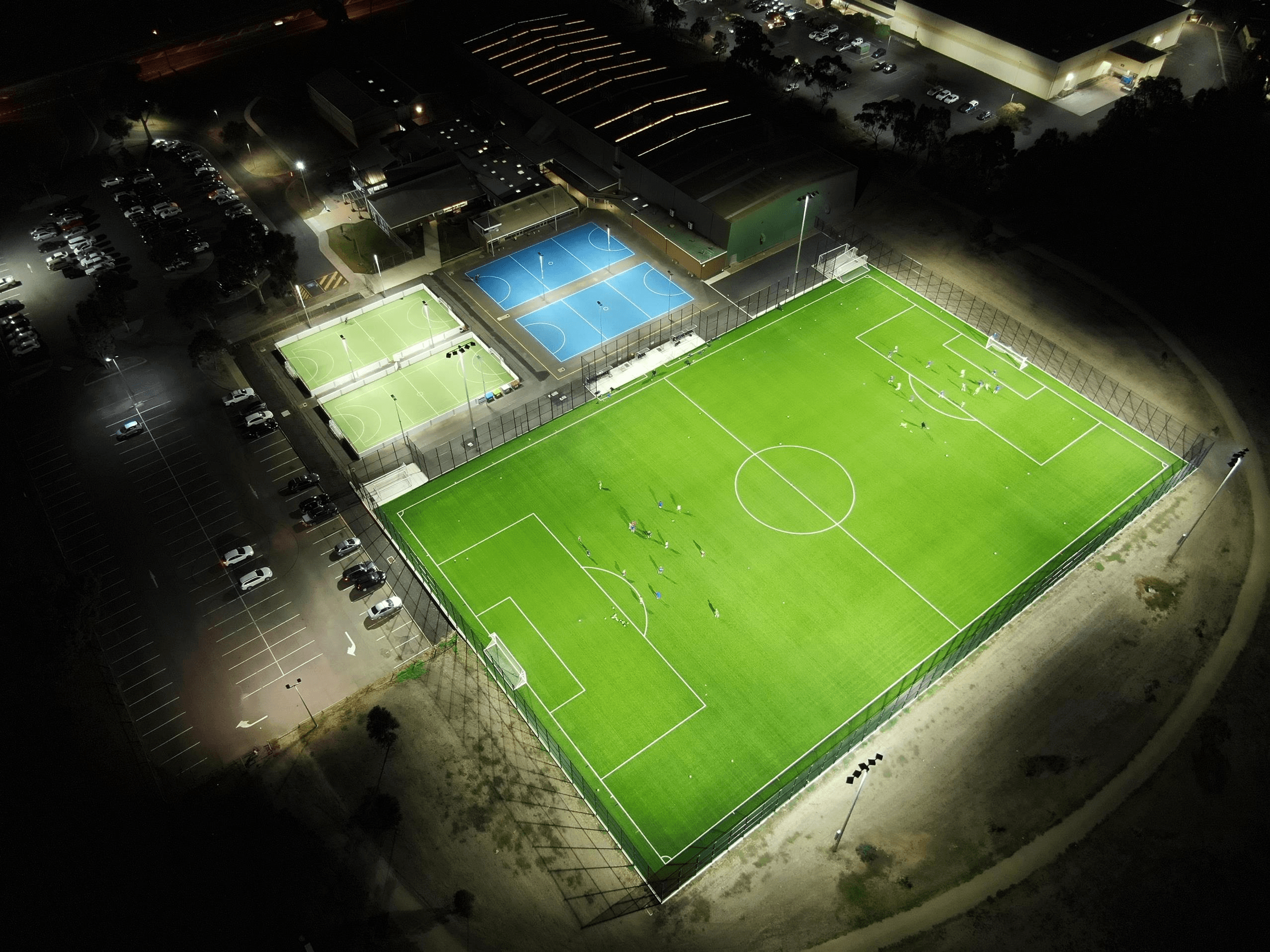 An overhead photo of one of North Geelong Warrior's training pitches, Leisuretime Centre.