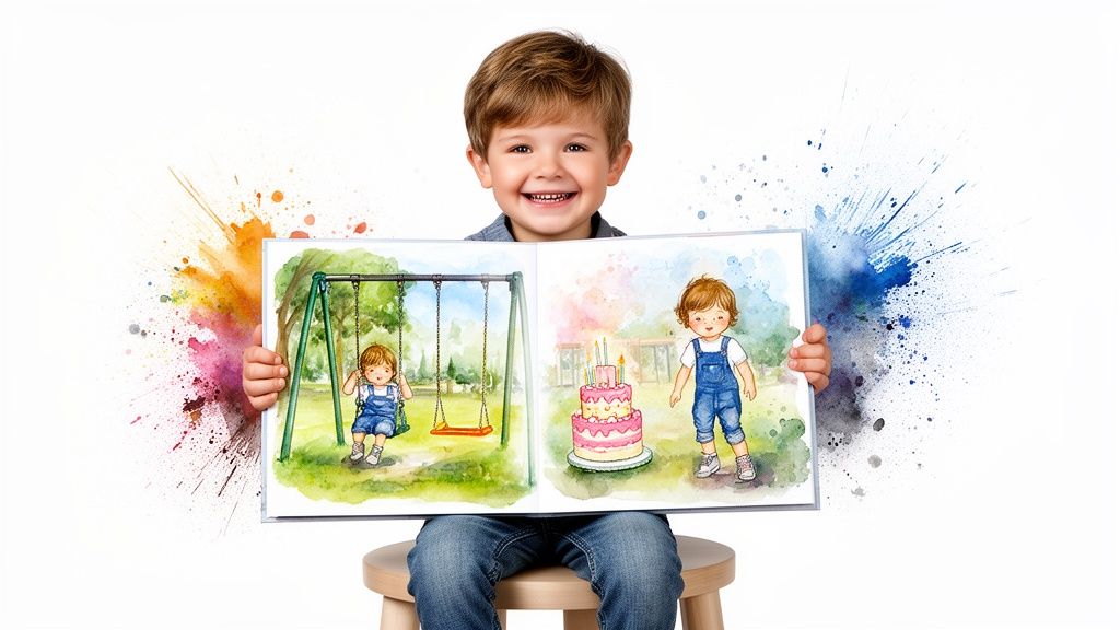 Happy boy holding an open picture book with watercolor illustrations of a child on a swing and a birthday cake.