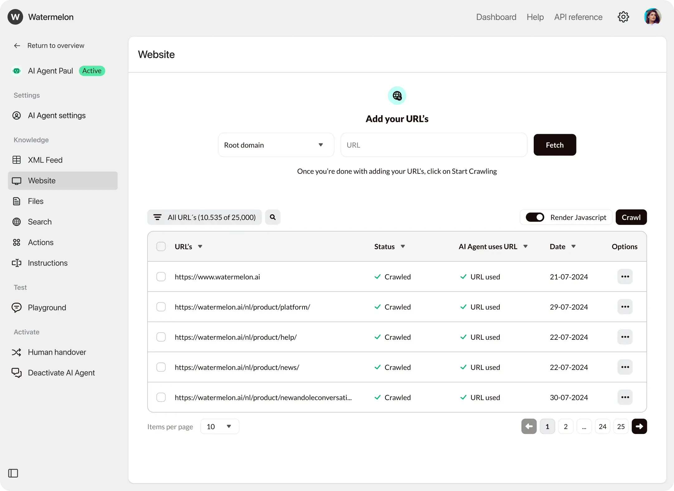 Watermelon AI Agent Builder web crawler