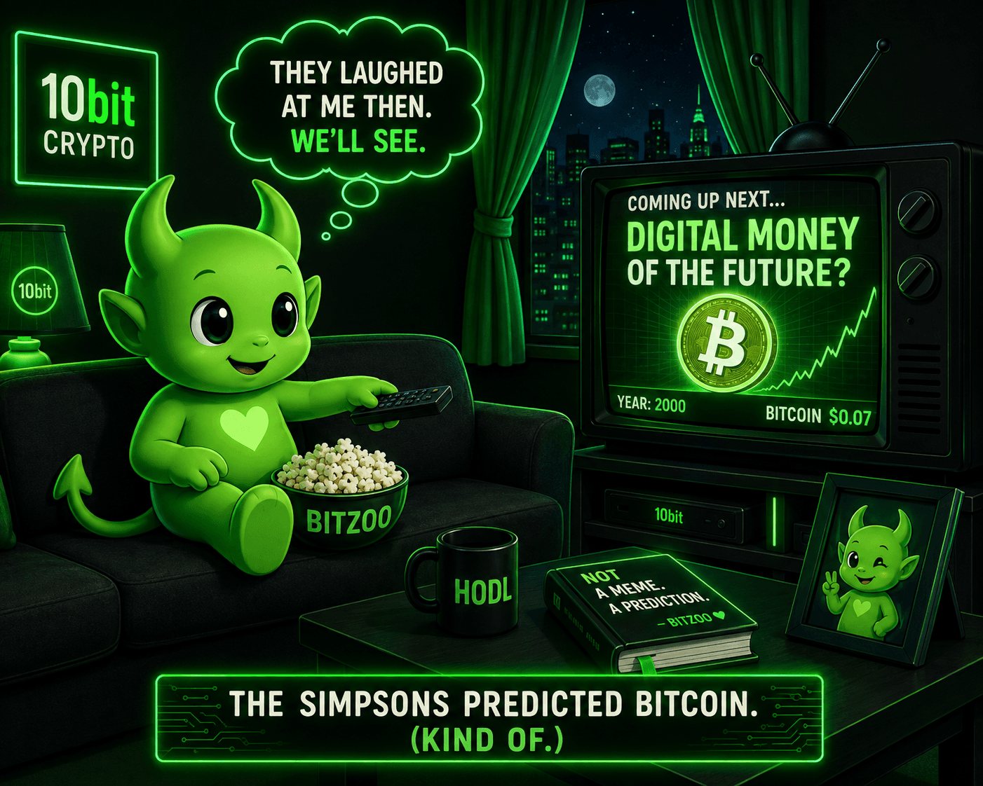 Bitzoo the 10bit mascot watching Bitcoin on TV with thought bubble saying they laughed at me then showing Bitcoin at $0.07 in year 2000
