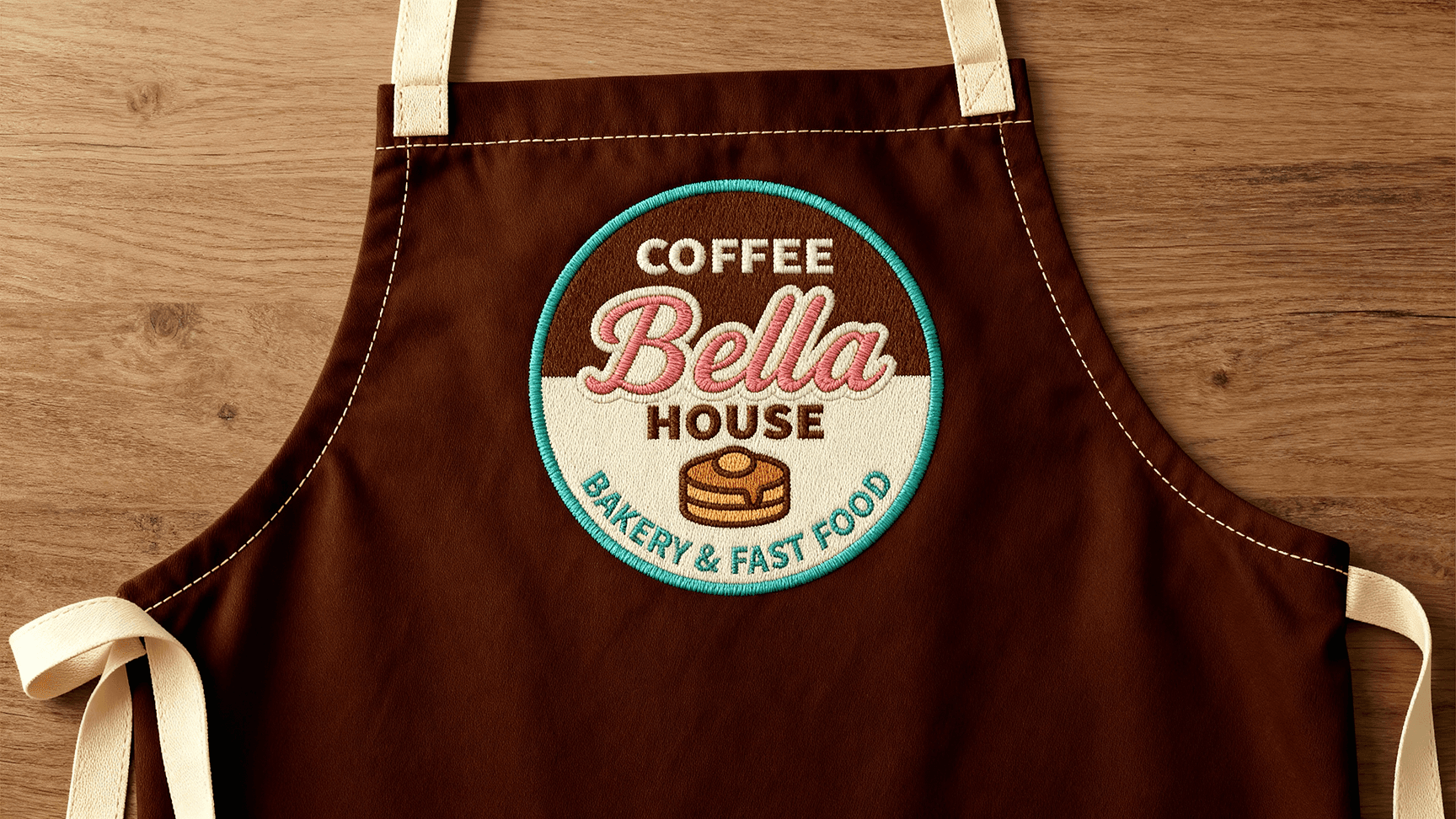 Mockup of Coffe Bella House logo applied on waiter's apron