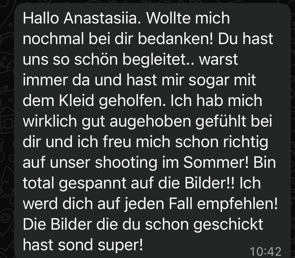Kundenfeedback Fotografie in Bogen, Bayern – Dankeschön für professionelle Begleitung beim Fotoshooting.